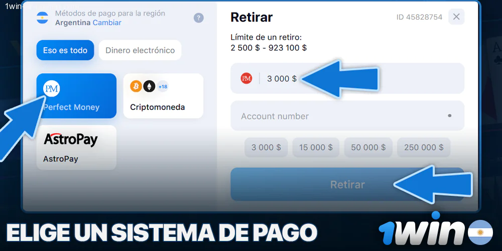 Elija un método para retirar dinero de 1Win e ingrese el monto