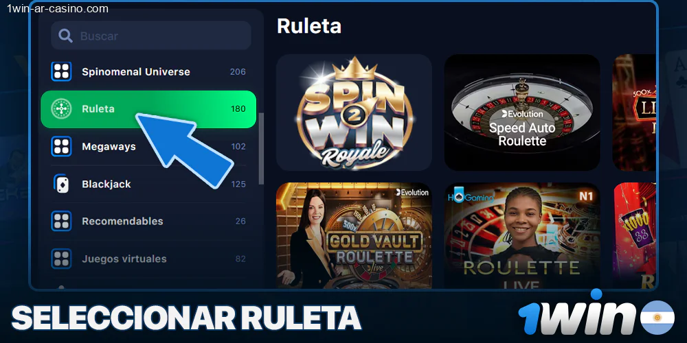 Seleccione la categoría de Ruleta en el casino 1Win