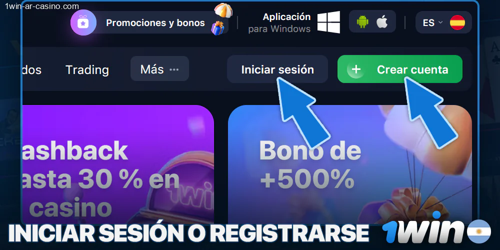 Botones de registro e inicio de sesión en el sitio web de 1Win